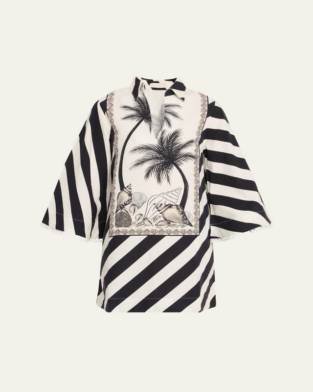 Palm Panel V-Neck Mini Kaftan Dress